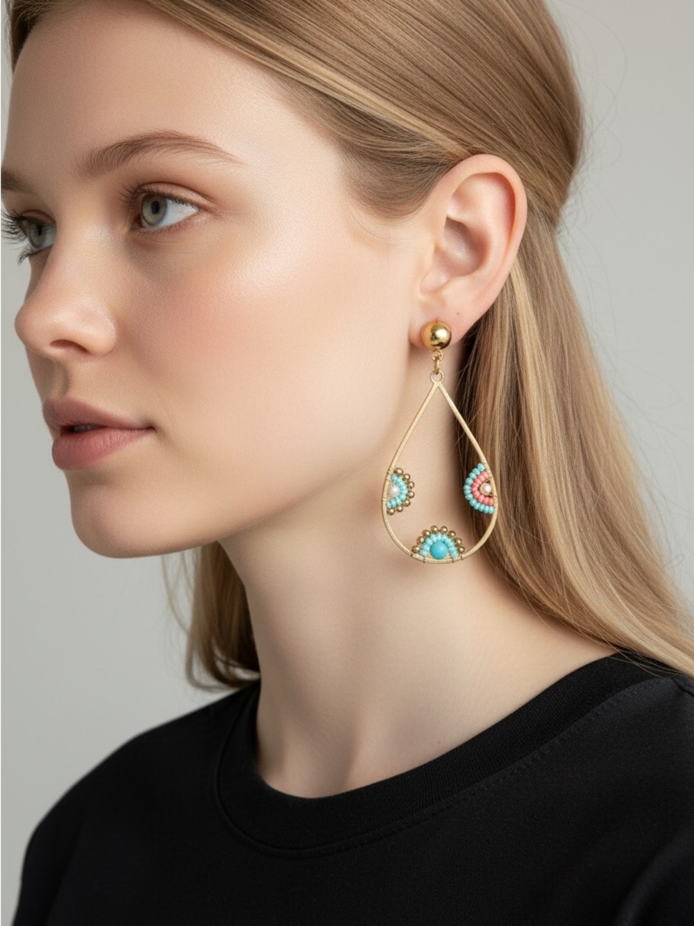 10/9 Gold Teardrop Bead Cluster Earrings - Turquoise & Pink